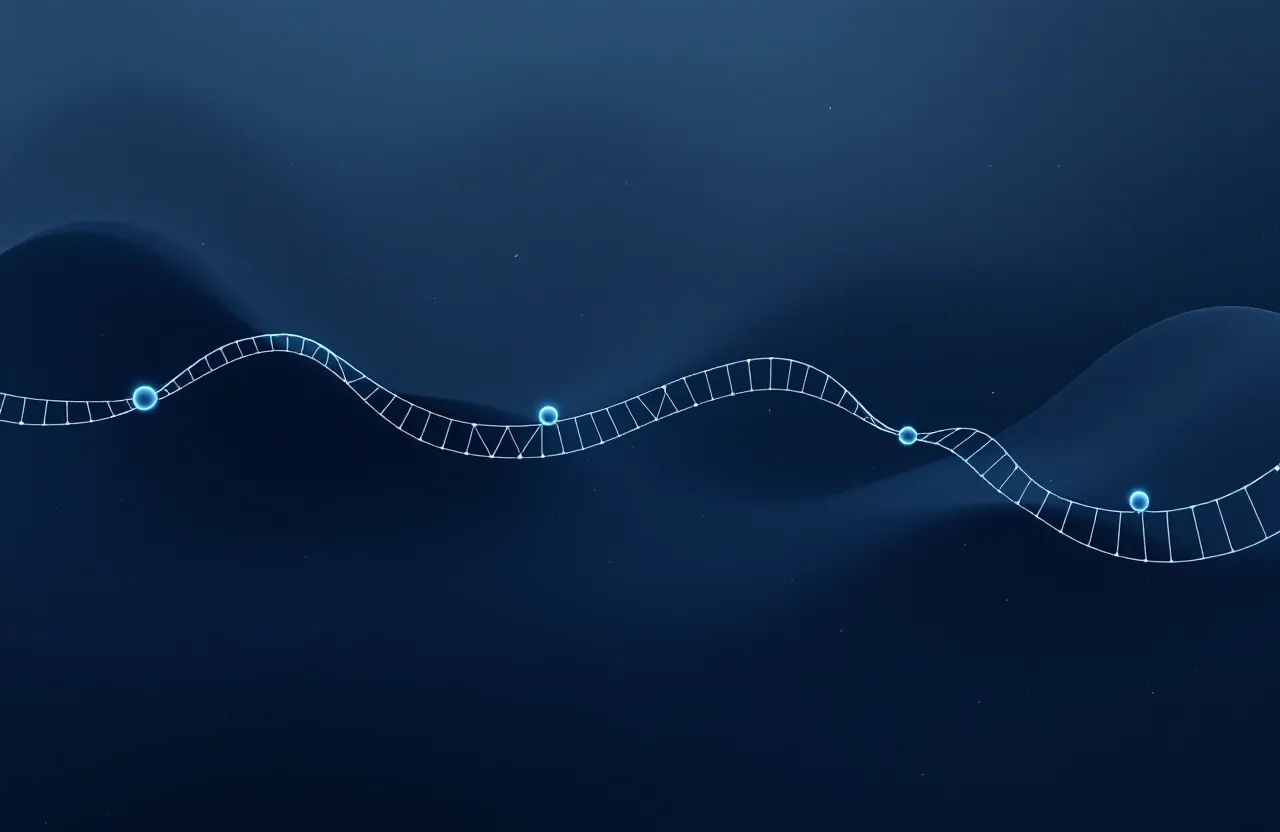 Abstract ice-blue hairline illustration of a peptide chain docking at three receptor nodes